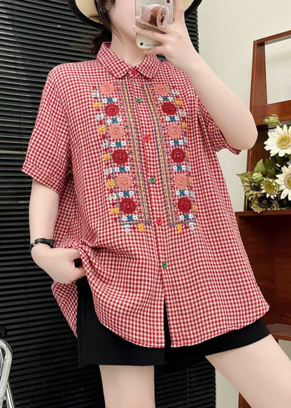Red Embroidered Plaid Linen Tops Summer