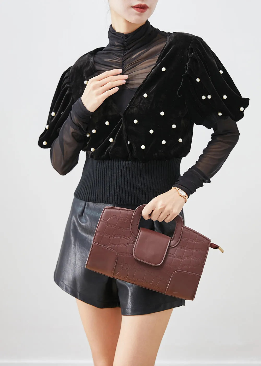 Black Nail Bead Silk Velour Vest and Shirt Two Piece Suit Set Fall
