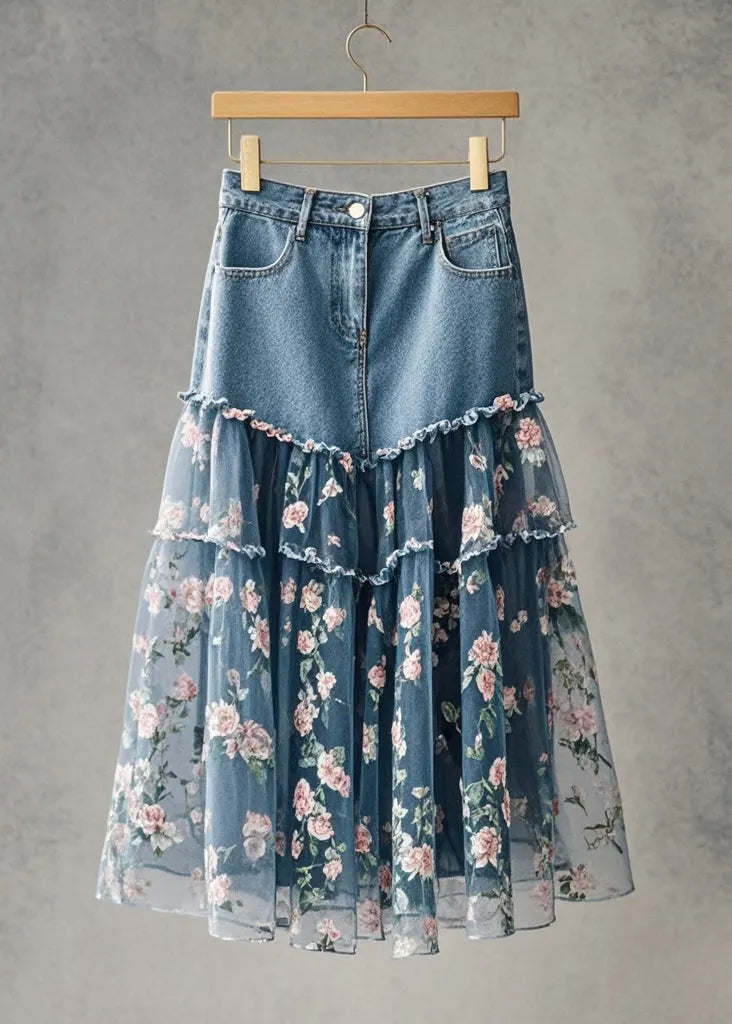 Pink Flower Print Patchwork Tulle Denim Skirt Fall