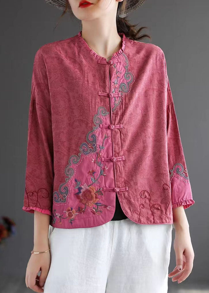 Rose Embroideried Chinese Button Patchwork Cotton Top Spring