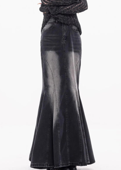 Black Pockets High Waist Denim Maxi Skirts Fall