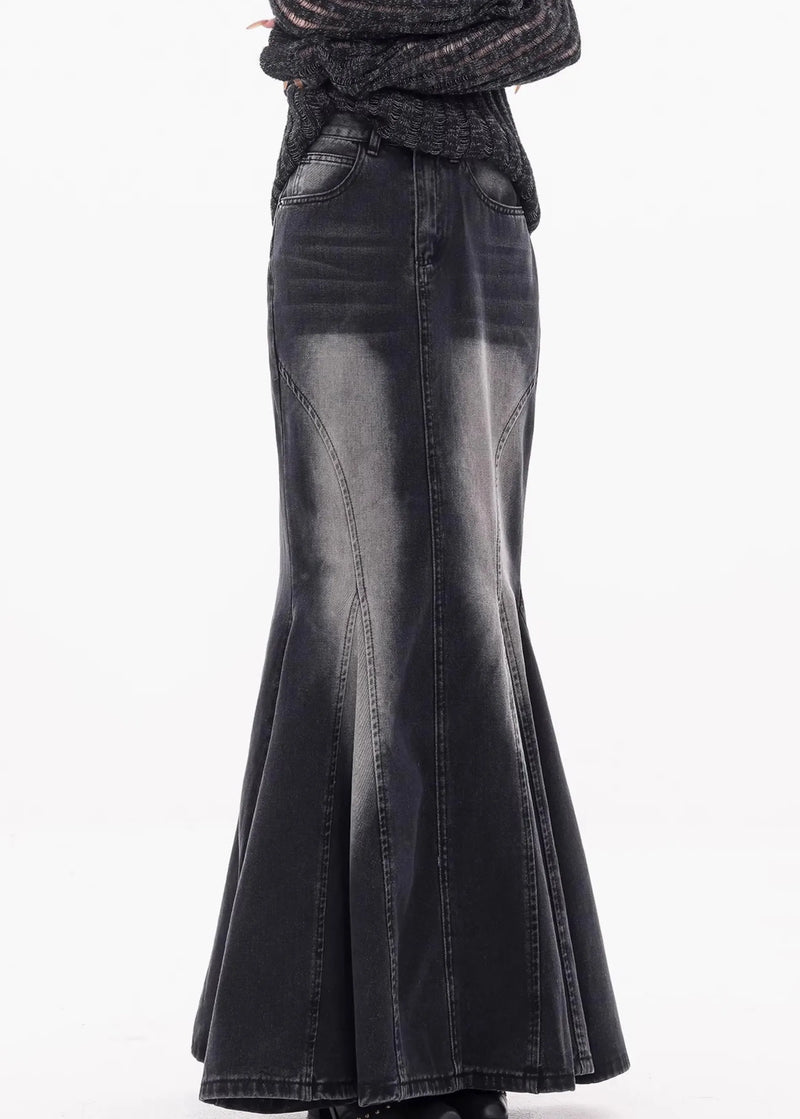 Black Pockets High Waist Denim Maxi Skirts Fall