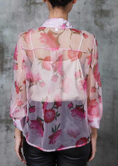 Style Pink Tasseled Print Chiffon Upf 50+ Shirt Two Piece Set