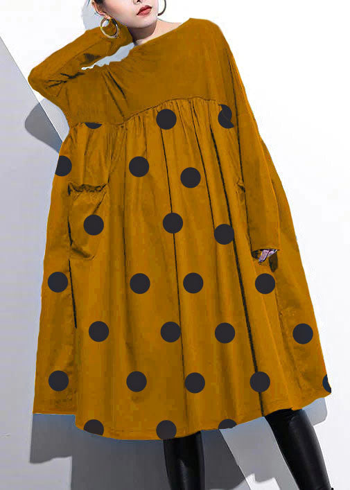 Cinched O Neck Cotton Clothes for Tutorials Yellow Chrysanthemum Dresses