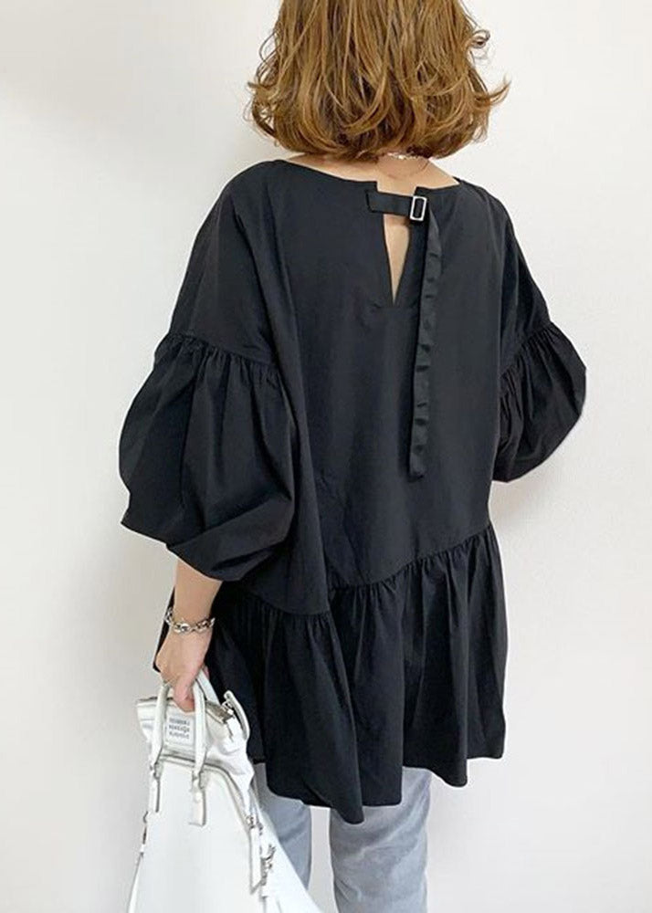 Black V Neck Wrinkled Shirts Lantern Sleeve