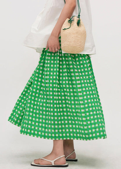 Art Green Plaid Elastic Waist Cotton a Line Skirts Summer