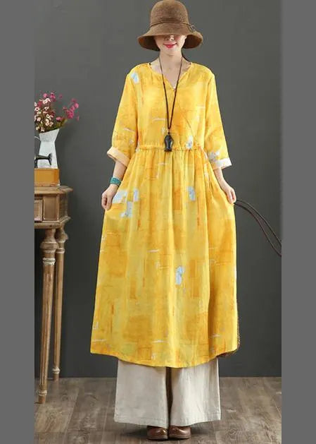 100% Yellow Print Dresses V Neck Tie Waist Robes Spring Dress