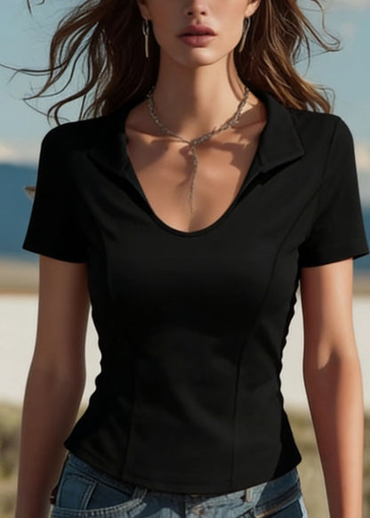 Black Peter Pan Collar Patchwork Cotton Top Summer