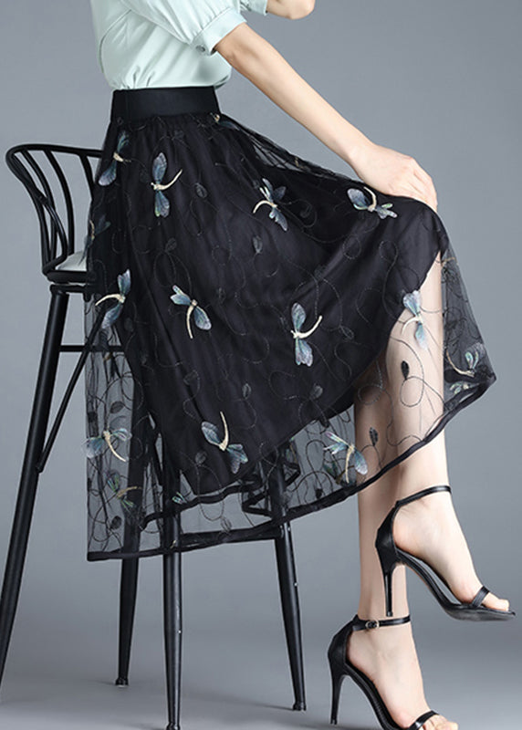 Black Butterfly Embroideried Elastic Waist Tulle Skirt Summer
