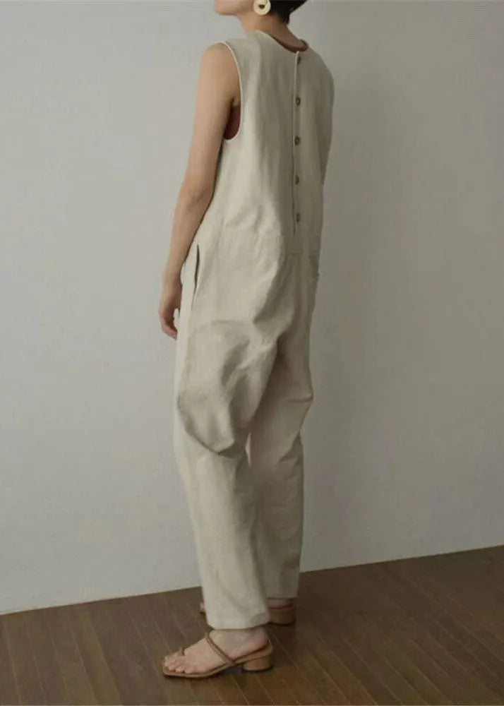 Apricot Pockets Patchwork Cotton Wide Leg Jumpsuits Sleeveless