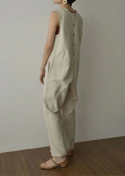 Apricot Pockets Patchwork Cotton Wide Leg Jumpsuits Sleeveless