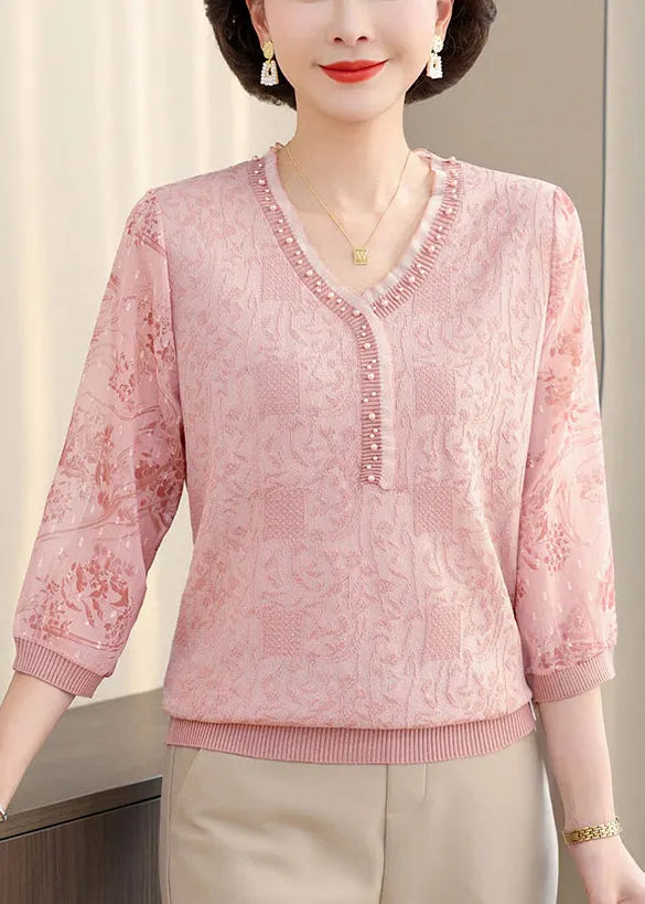 Pink V Neck Nail Bead Patchwork Knit T Shirt Half Sleeve