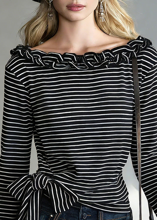 Black Striped Tie Waist T Shirts Spring
