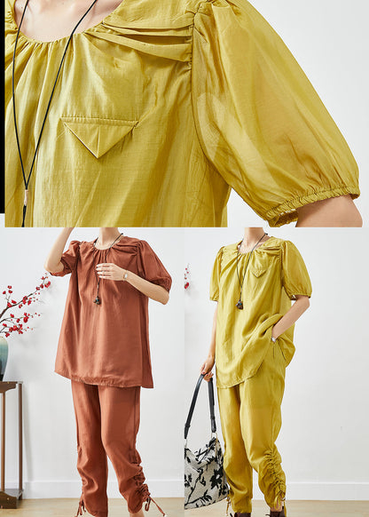 Handmade Brick Red O-neck Cinched Silk Two Pieces Set Summer