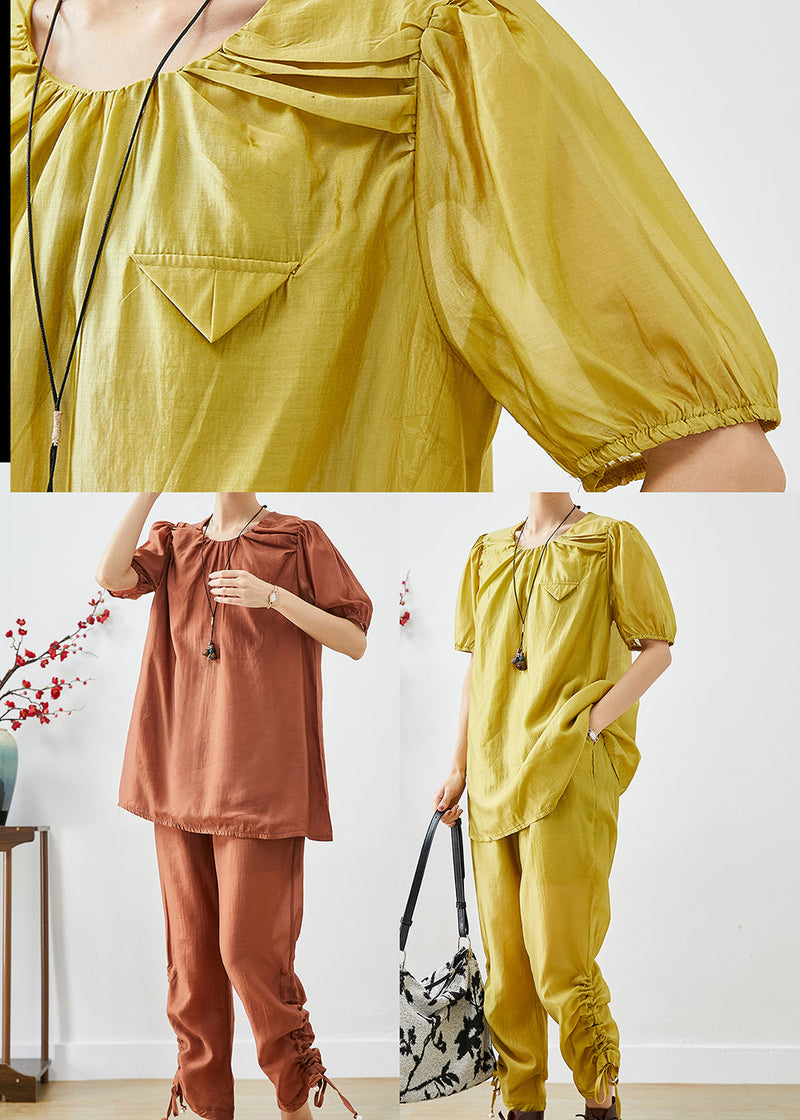 Handmade Brick Red O-neck Cinched Silk Two Pieces Set Summer