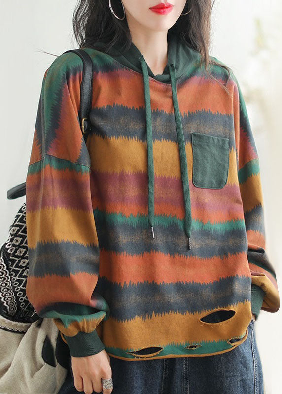 Red Drawstring Striped Hole Hooded Sweatshirt Long Sleeve