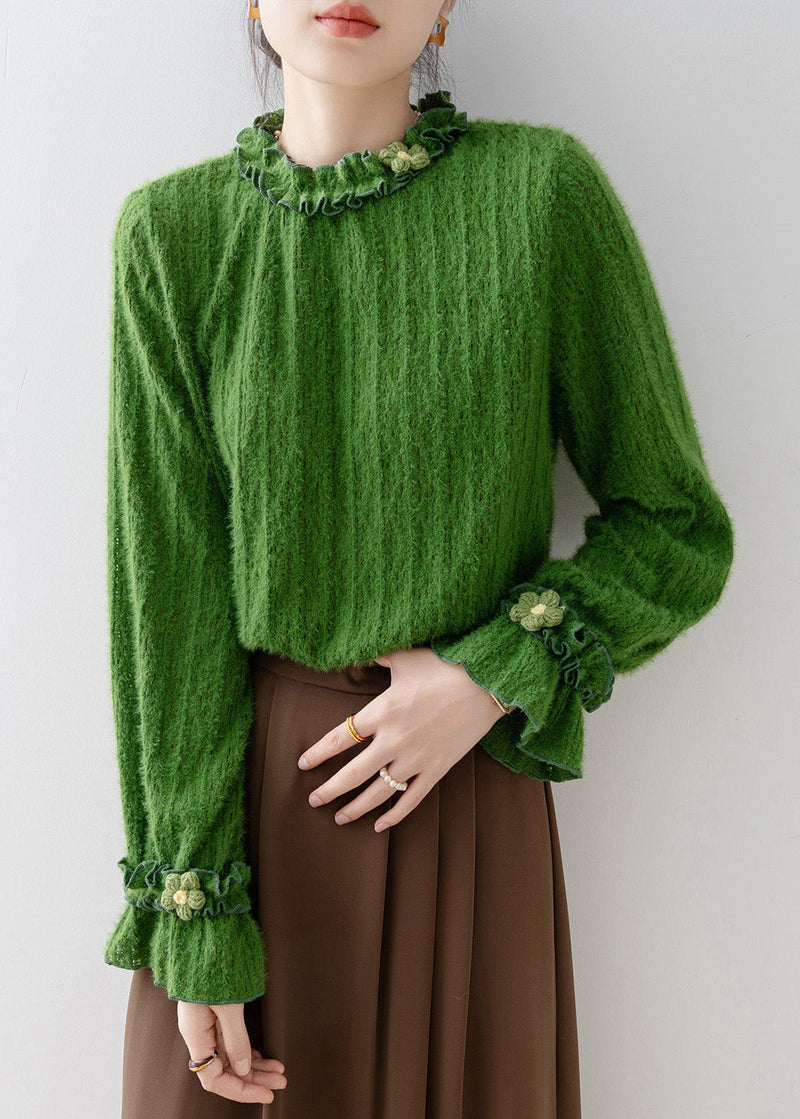 Unique Tea Green Ruffled Knit Top Flare Sleeve