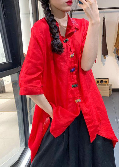 Red Chinese Button Low High Design Linen Shirt Tops Summer