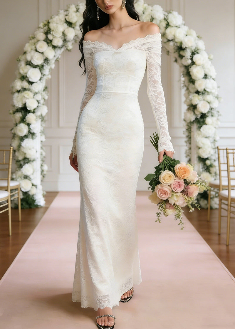 Slim Fit White Slash Neck High Waist Long Dresses Spring