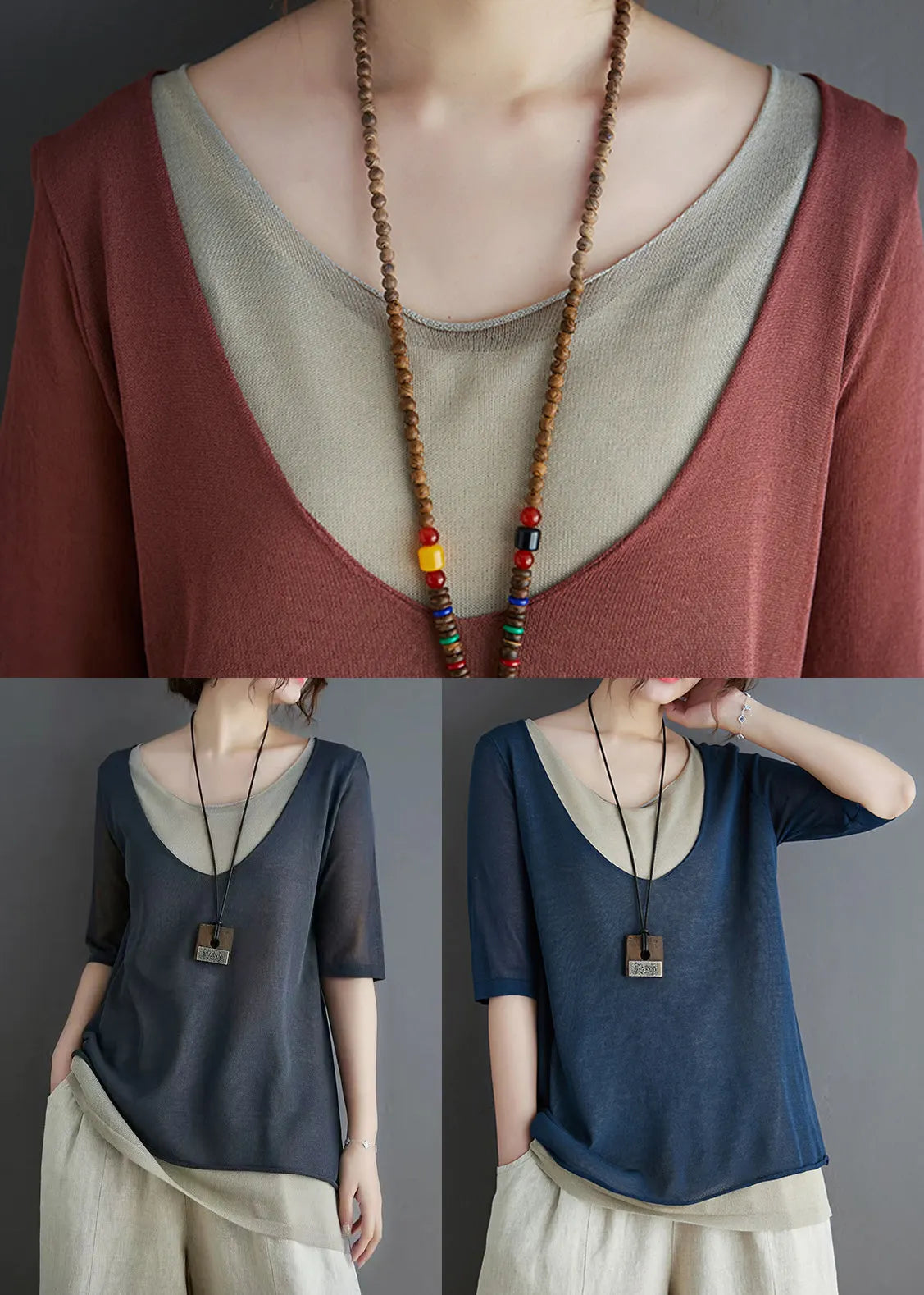 Brick Red Patchwork Knit Tanks Summer