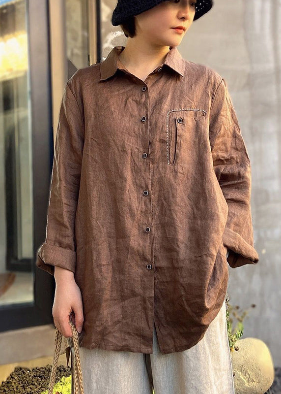 Chocolate Embroideried Button Peter Pan Collar Linen Shirt Top Long Sleeve