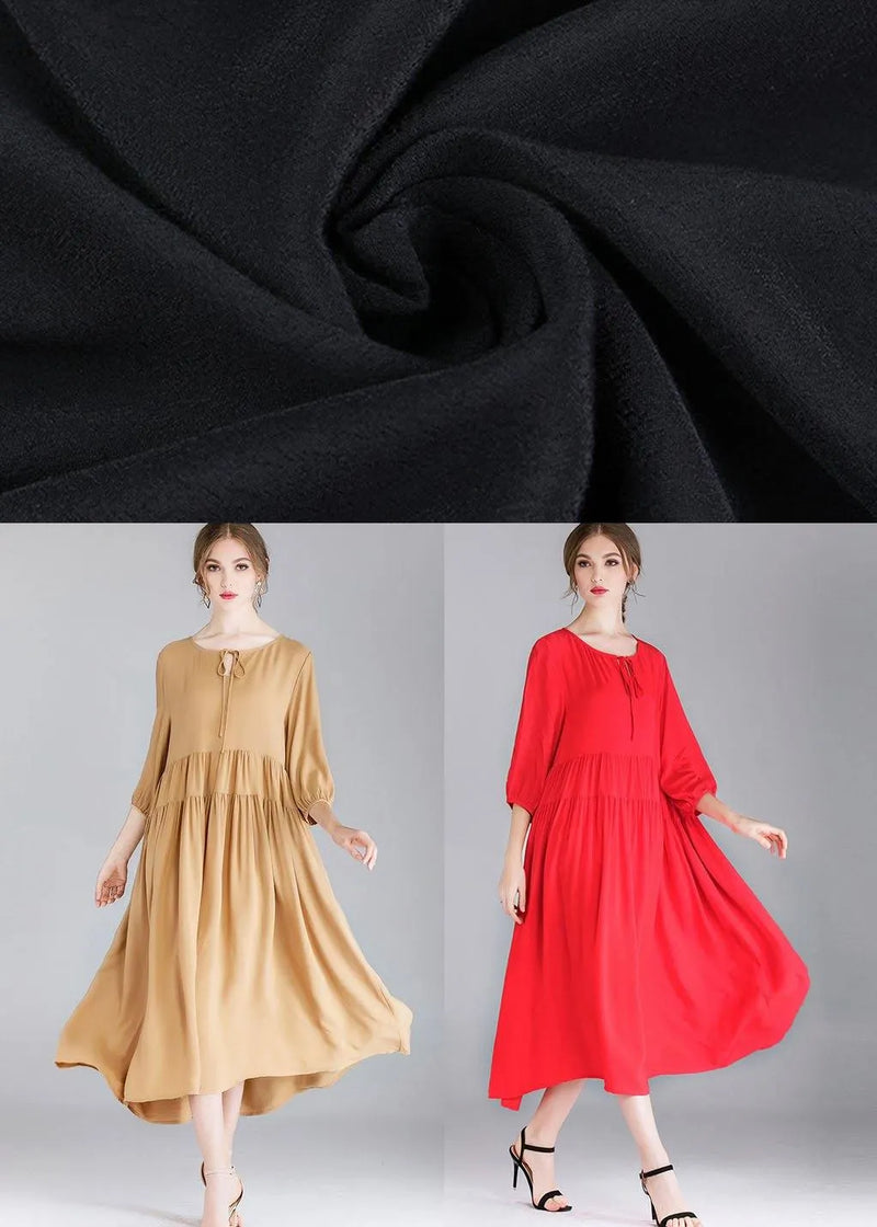 Red Loose Wrinkled Spring Holiday Dress Three Quarter Sleeve