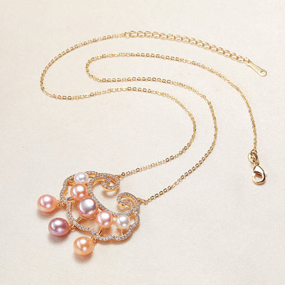 Buddha Stones 18k Gold Plated Natural Pearl Chinese Lock Charm Sincerity Necklace Pendant