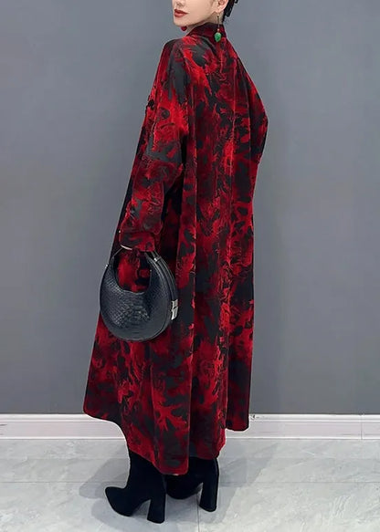 Red Stand Collar Print Patchwork Loose Velour Dresses Fall