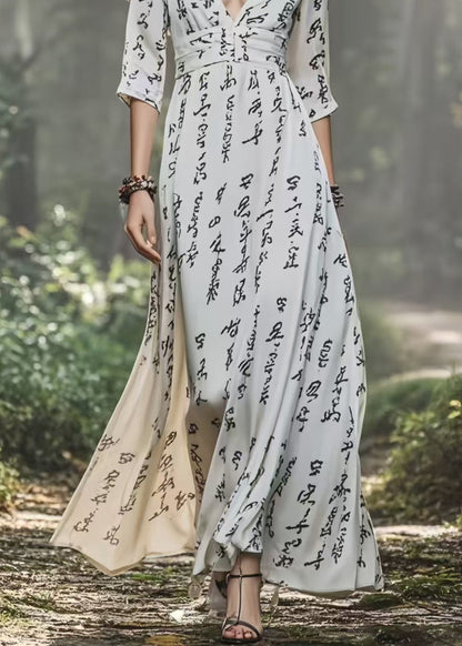 White V Neck Print Chiffon Dress Bracelet Sleeve