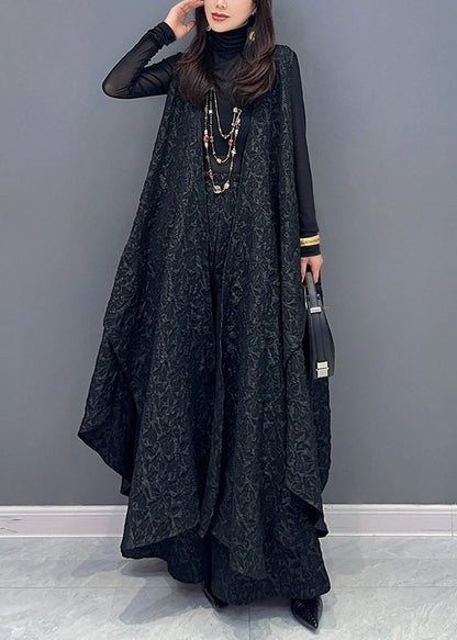 Jacquard Black Asymmetrical Patchwork Waistcoat and Pants Cotton Two Pieces Set Sleeveless Fall
