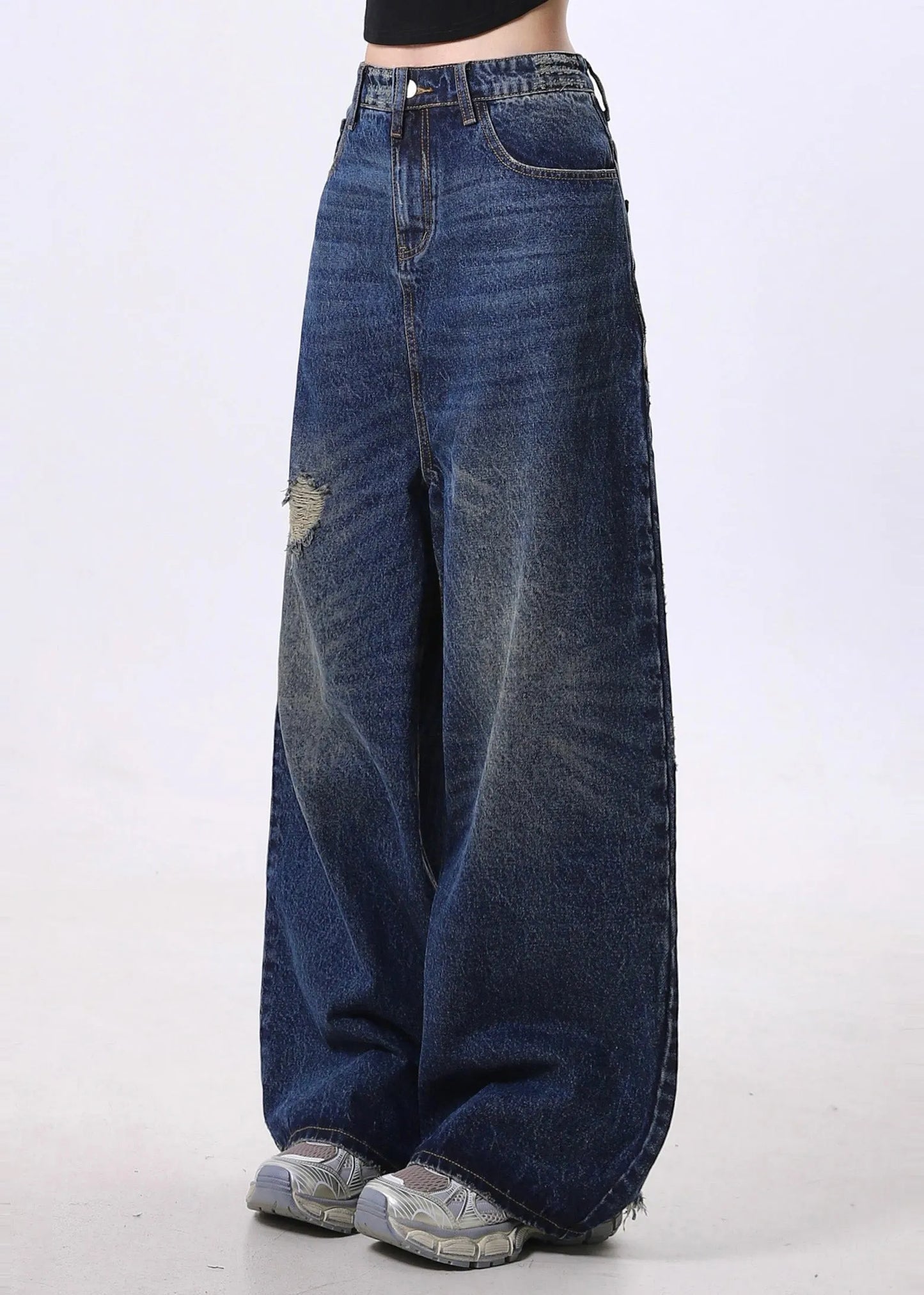 Navy Oversized Denim Ripped Jeans Pants Spring
