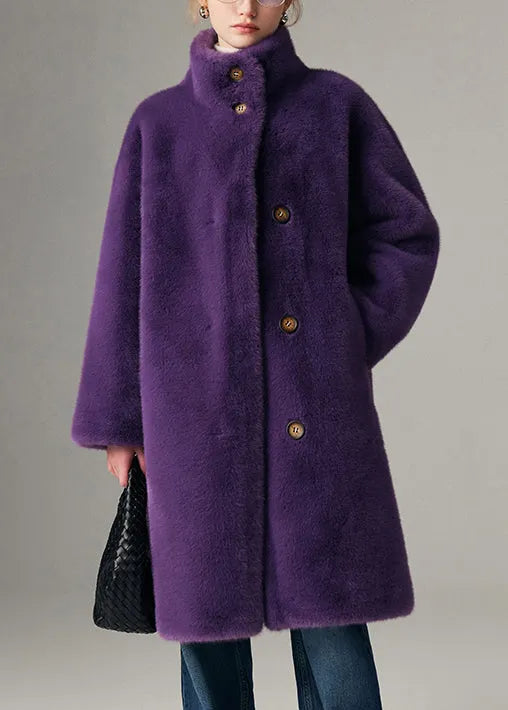 Purple Button Pockets Leather and Fur Coats Stand Collar