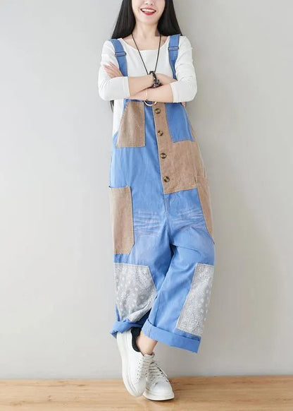 French Baby Blue Patchwork Jeans Jumpsuit