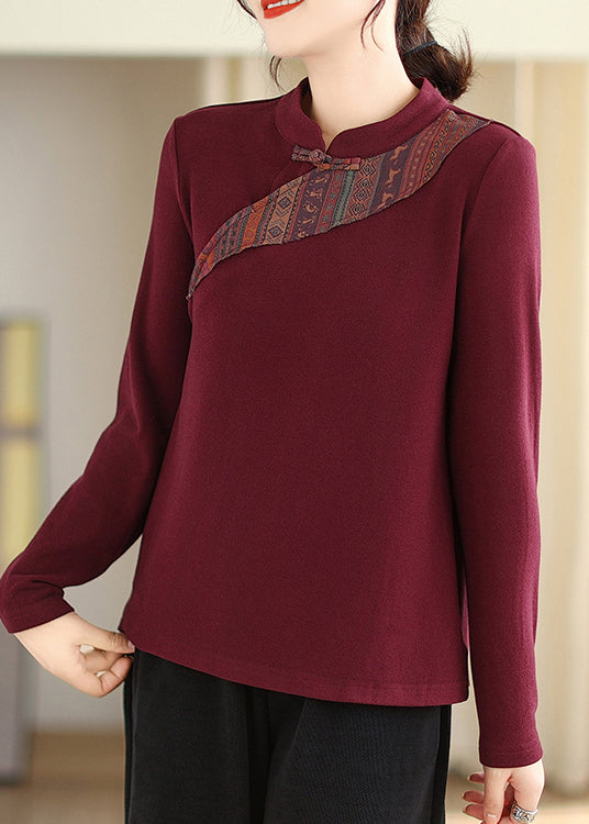 Purple Red Stand Collar Button Cotton Blouse Tops Fall