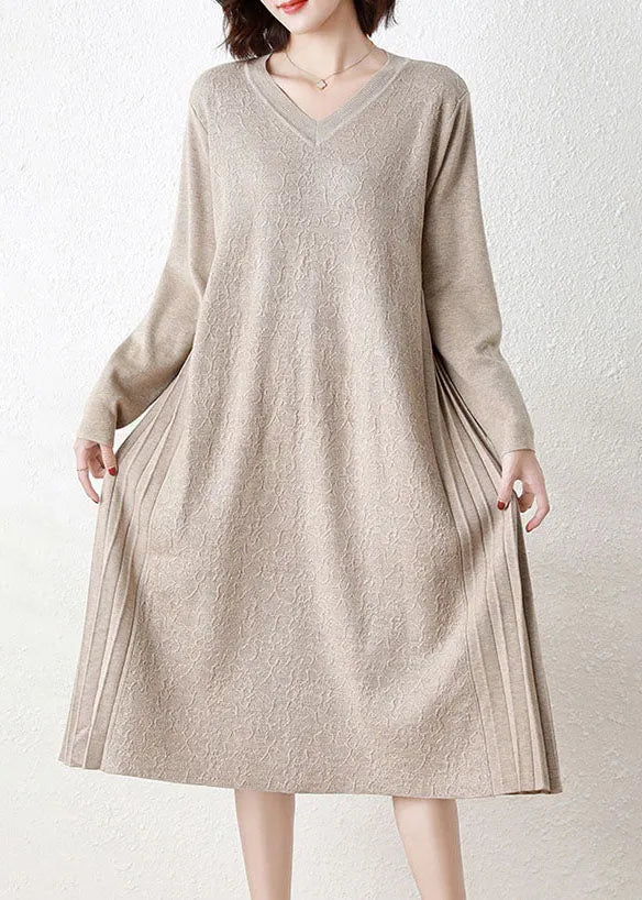 Yellow V Neck Patchwork Wrinkled Woolen Long Knit Dress Long Sleeve