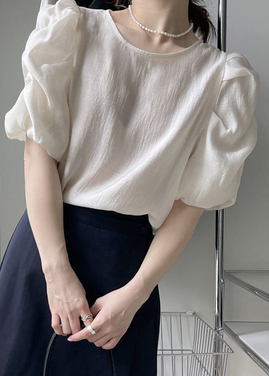 Apricot Puff Sleeve O-neck Wrinkled Color Silk Tops Fall