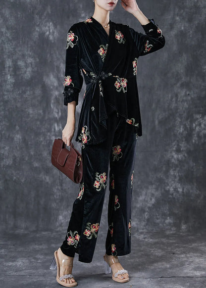 Black Embroideried Chinese Button Silk Velour 2 Piece Outfit Spring