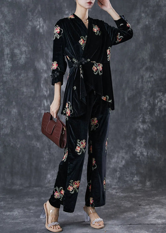 Black Embroideried Chinese Button Silk Velour 2 Piece Outfit Spring
