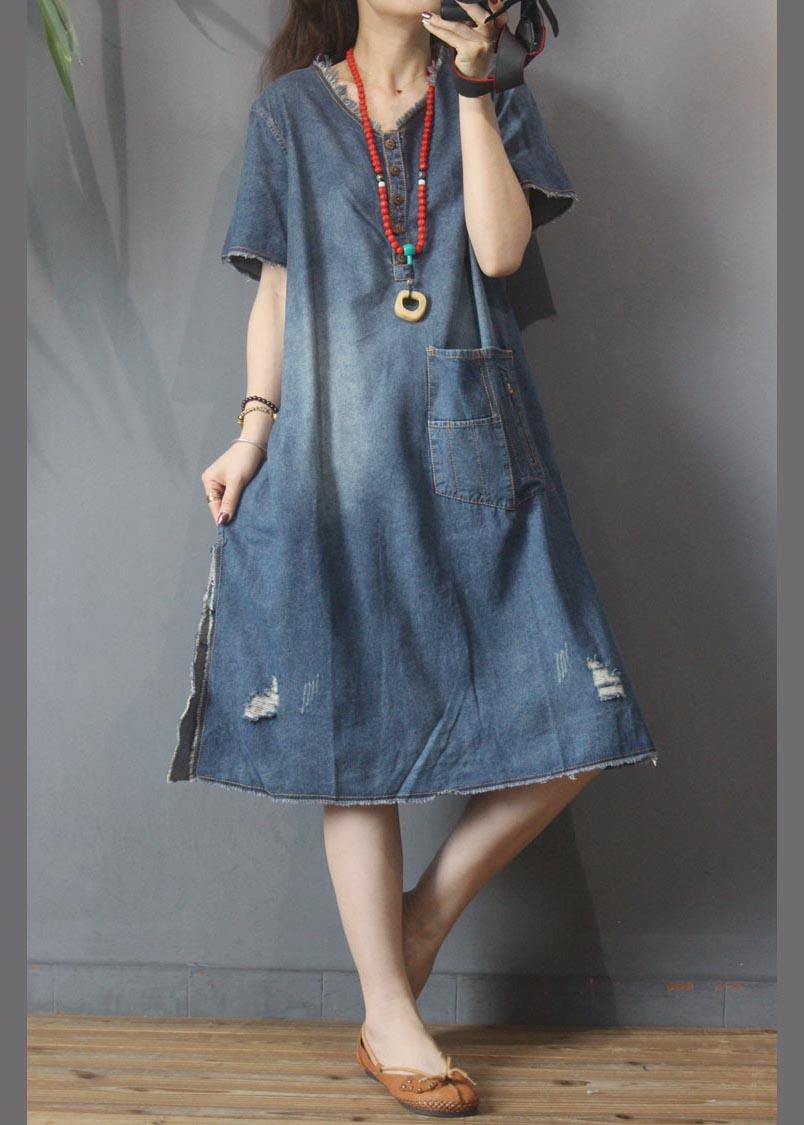 Denim V Neck Side Open Dress Summer