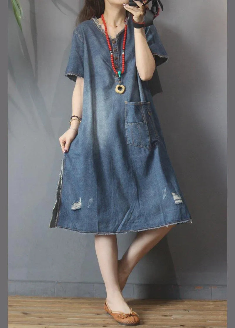 Denim V Neck Side Open Dress Summer