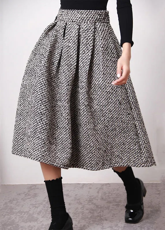Simple Black White Plaid High Waist Woolen a Line Skirts Spring