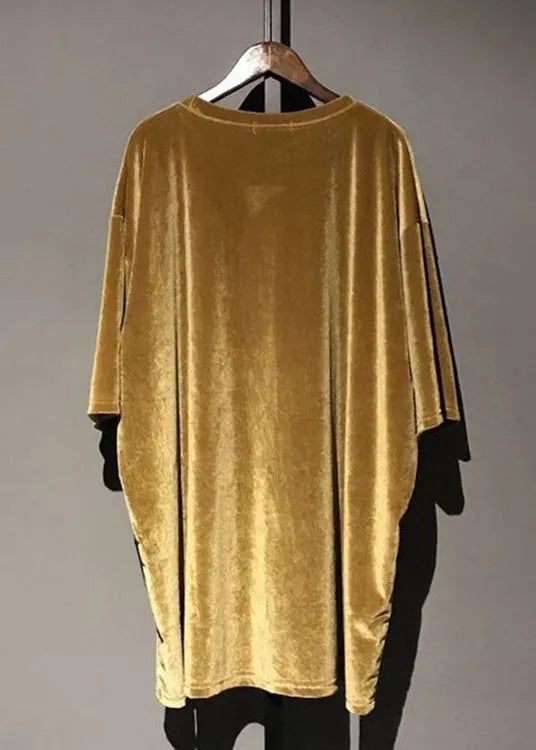 Yellow O Neck Patchwork Velour Mid Dress Half Sleeve