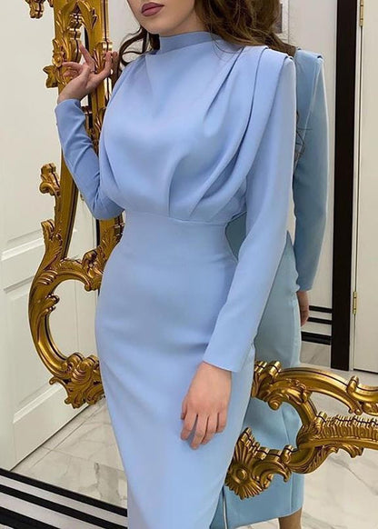 Light Blue Wrinkled Patchwork Slim Fit Cotton Dress Fall