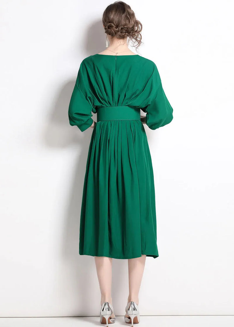 Boutique Green Color Sashes Chiffon Pleated Dress Batwing Sleeve