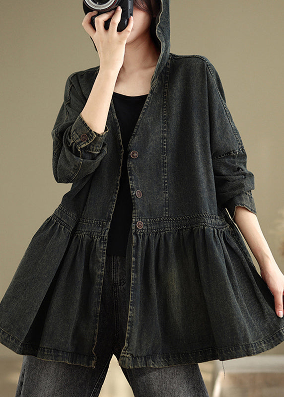 Black V Neck Wrinkled Pockets Hooded Denim Coats Fall