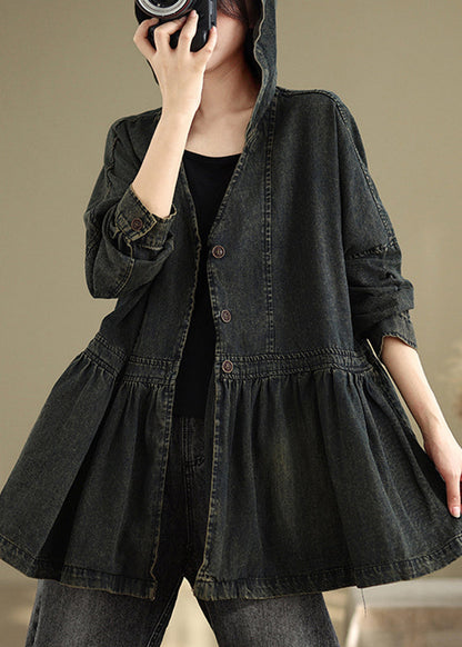 Black V Neck Wrinkled Pockets Hooded Denim Coats Fall