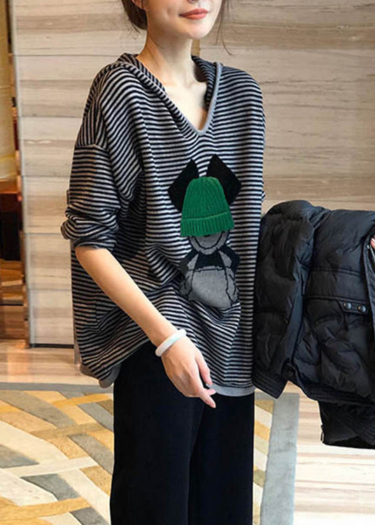 Black Striped Print Hooded Patchwork Cotton Top Fall