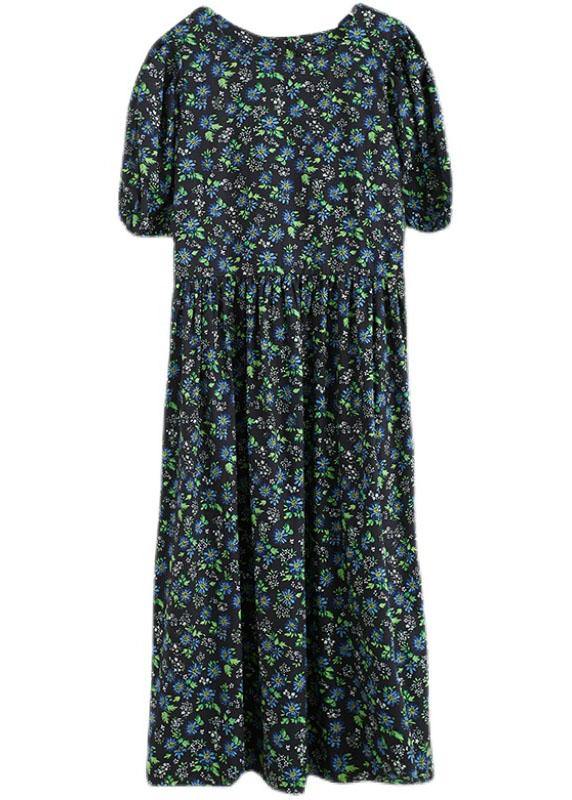 Black Loose Square Collar Print Pockets Summer Robe Dresses Puff Sleeve