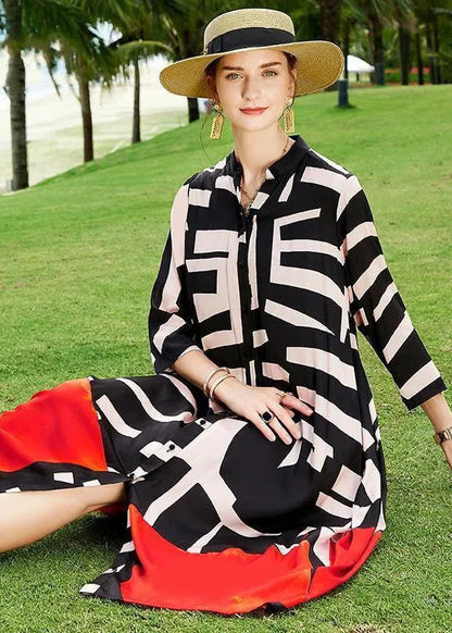 Summer Colorblock Patchwork Print Holiday Dresses Silk Coat