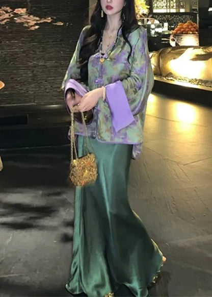 Chinese Style Peacock Blue V Neck Print Silk Shirts and Wide Skirt Two Pieces Set Spring